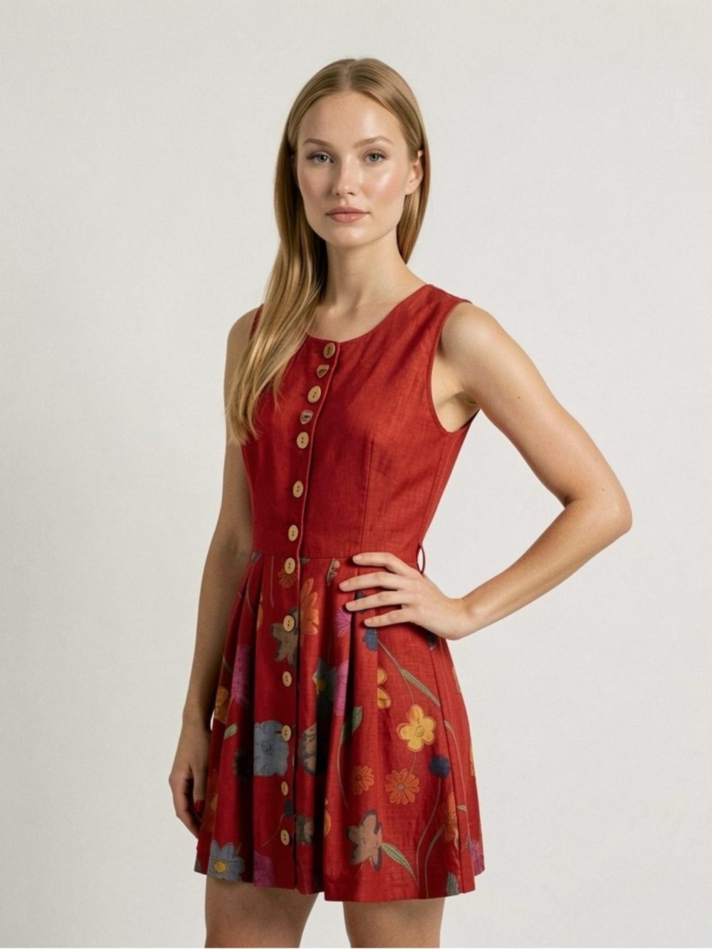 Geiger Collection Red Floral Button Front Dress Size 44 Women's